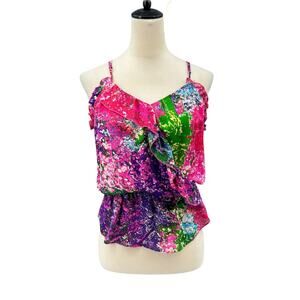 Parker Pink Purple Bold Print 100% Silk Ruffle V-neck Sleeveless Cami Tank Top